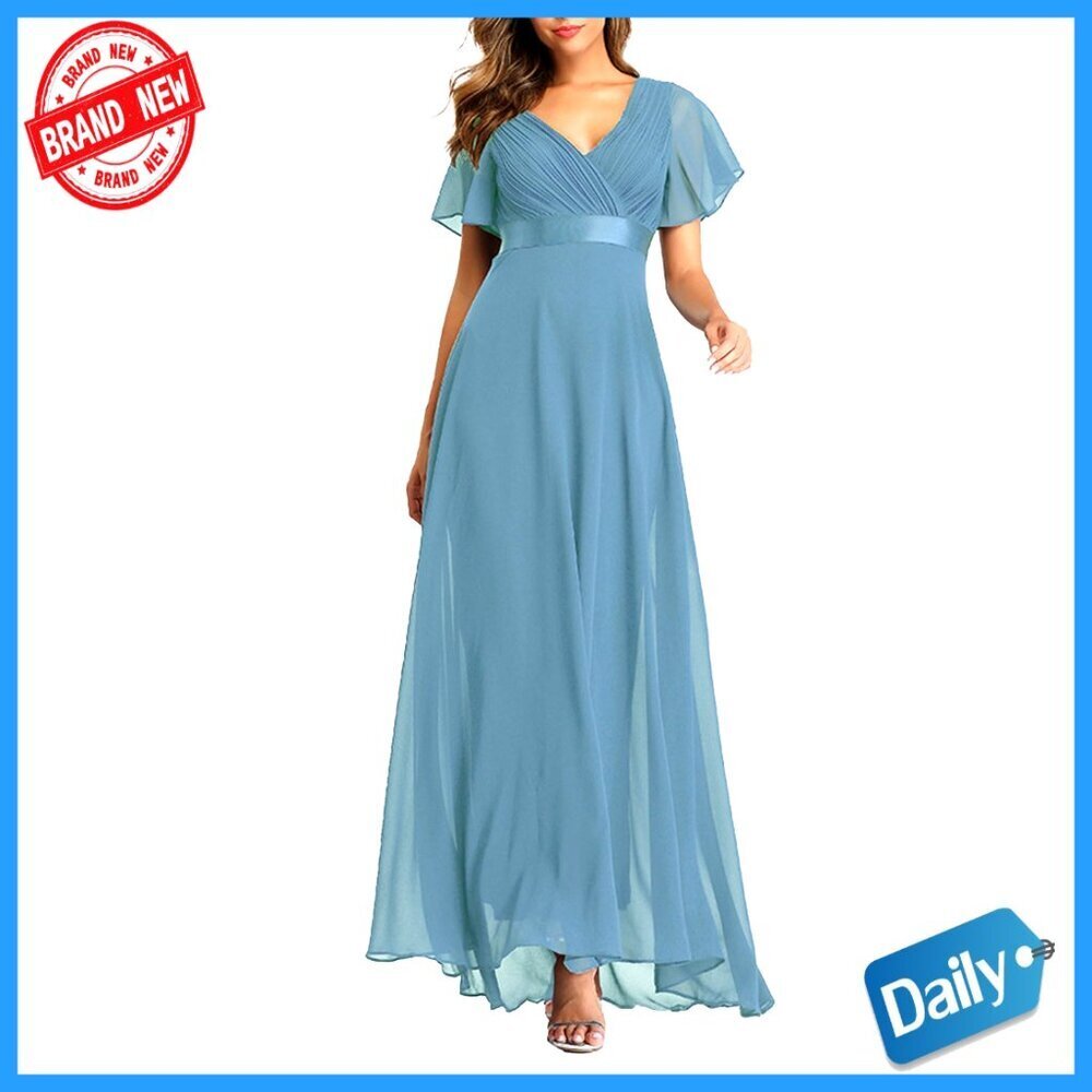 Short Sleeve V-Neck Chiffon Formal Dress Empire Waist A-Line Floor Length